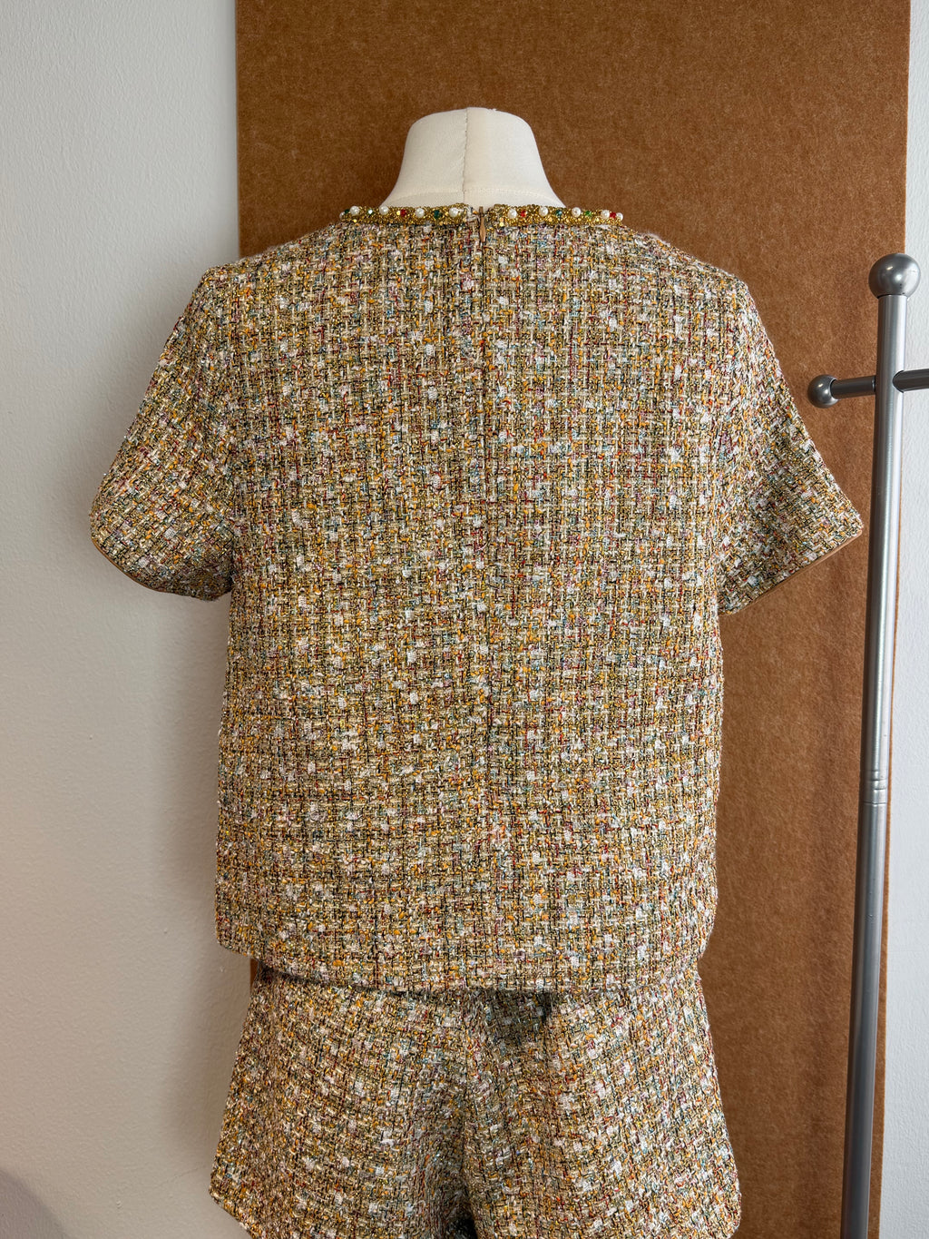 Jewel-Neck Gold Tweed Short-Sleeve Top | Robin