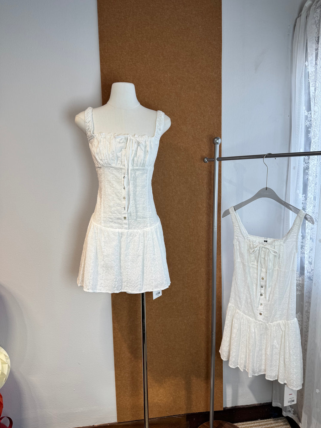 Broderie Anglaise Square-Neck Button Mini Dress | Janelle