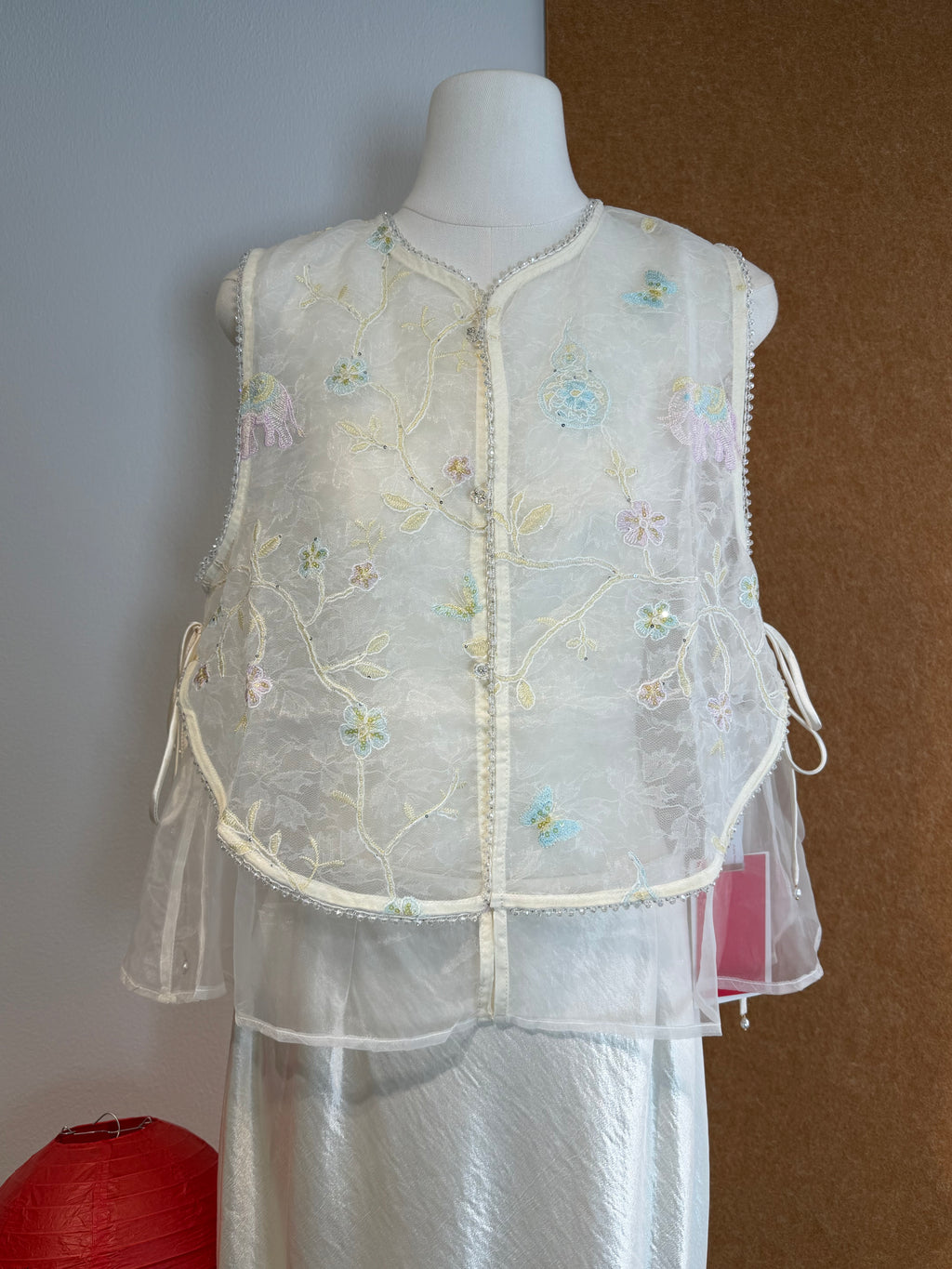 Beaded-Trim Floral Embroidery Sheer Vest | Adam