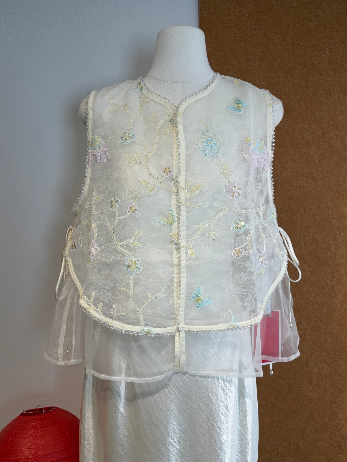 Beaded-Trim Floral Embroidery Sheer Vest | Adam