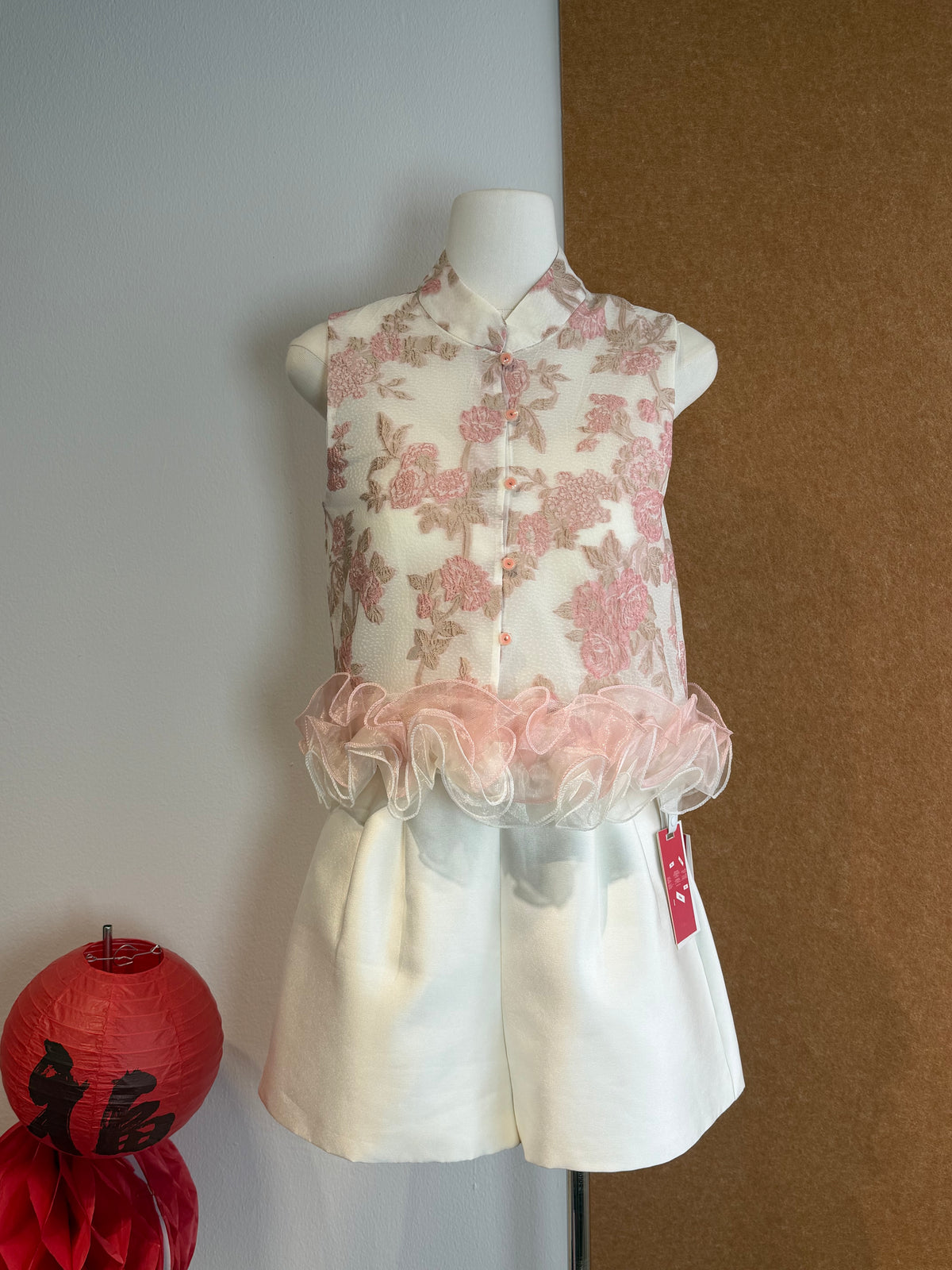 Rose Embroidered Organza Mandarin Collar Ruffle Peplum Top | Clara
