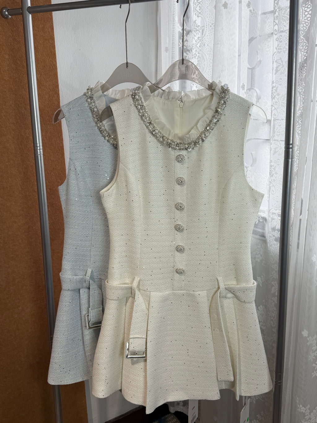 Sparkle Tweed Crystal-Button Belted A-Line Mini Dress | Jolie