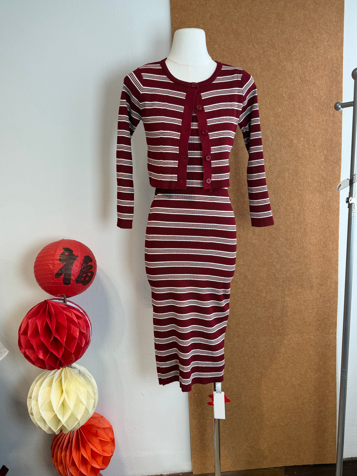 Burgundy Stripe Ribbed Knit Cardigan & Midi Skirt Set | Ulrikaa