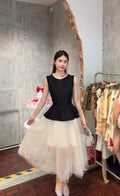 Pearl-Collar Peplum Bodice Tulle Contrast Dress | Giselle