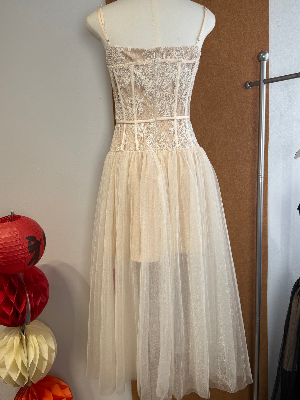 Lace Corset Bodice Tulle Midi Dress | Gillian