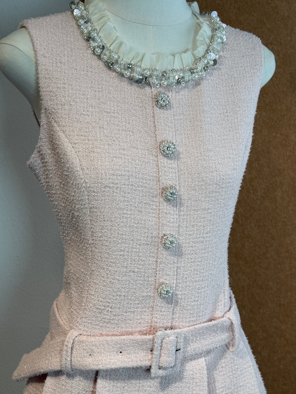 Sleeveless Shimmer Tweed Mini Dress with Pearl Rhinestone Neckline and Self-Belt | Josie