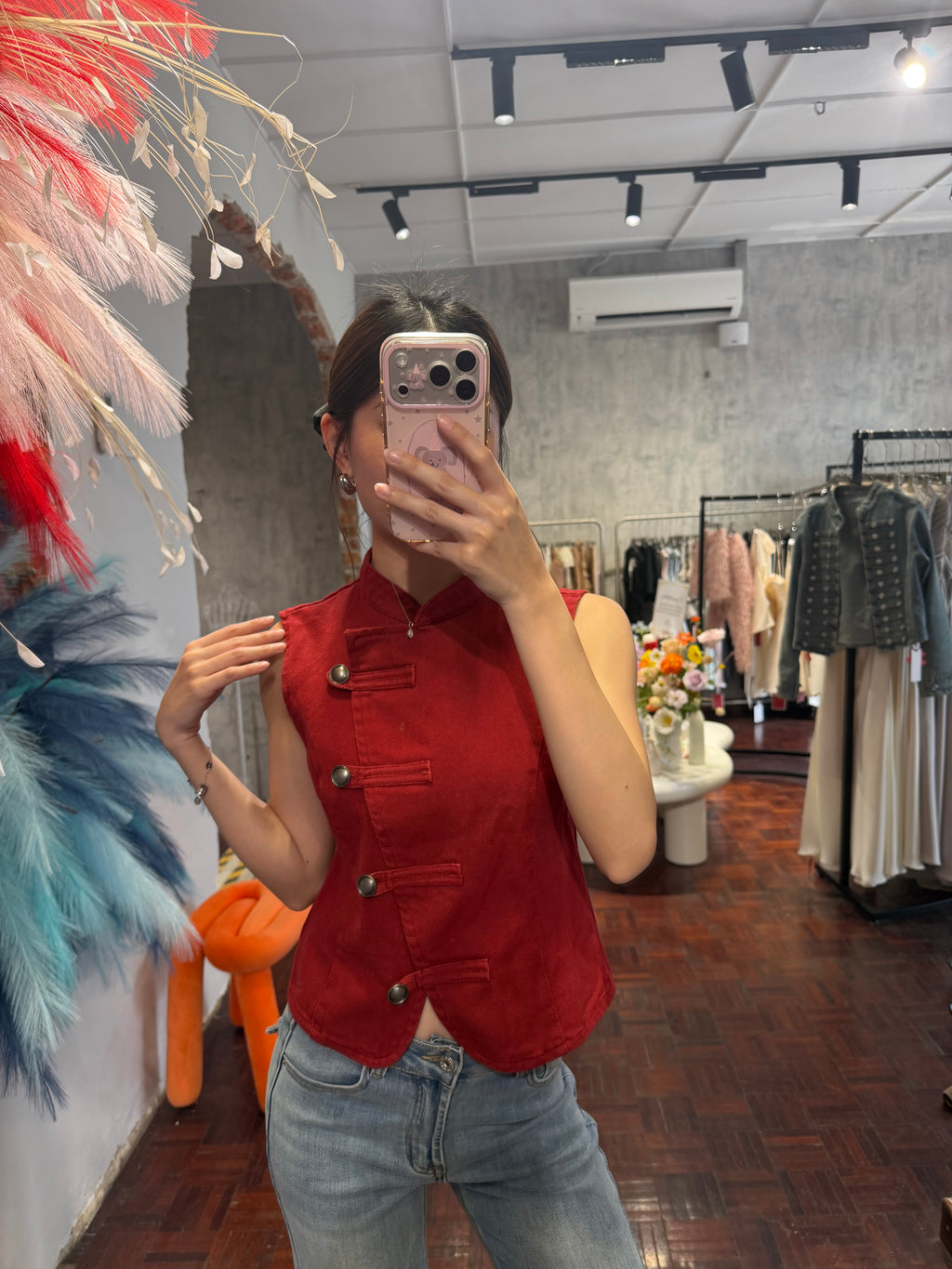 Red Mandarin-Collar Sleeveless Vest | Uzma Top