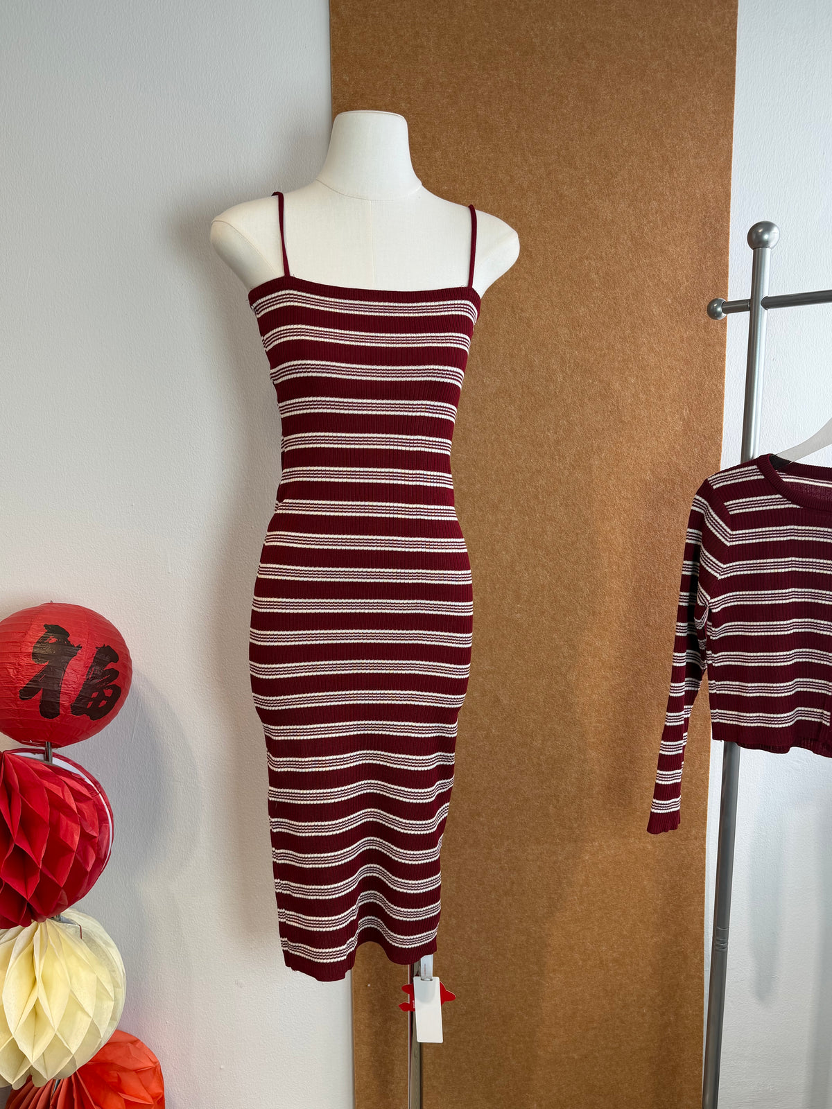 Burgundy Stripe Ribbed Knit Cardigan & Midi Skirt Set | Ulrikaa