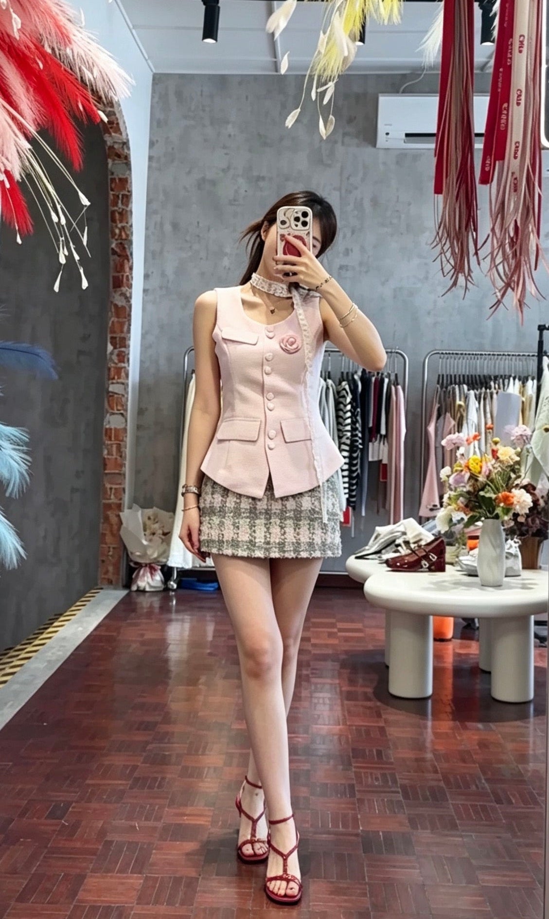 Little Fragrance Shimmer Plaid Boucle Tweed Mini Skirt | Ruby