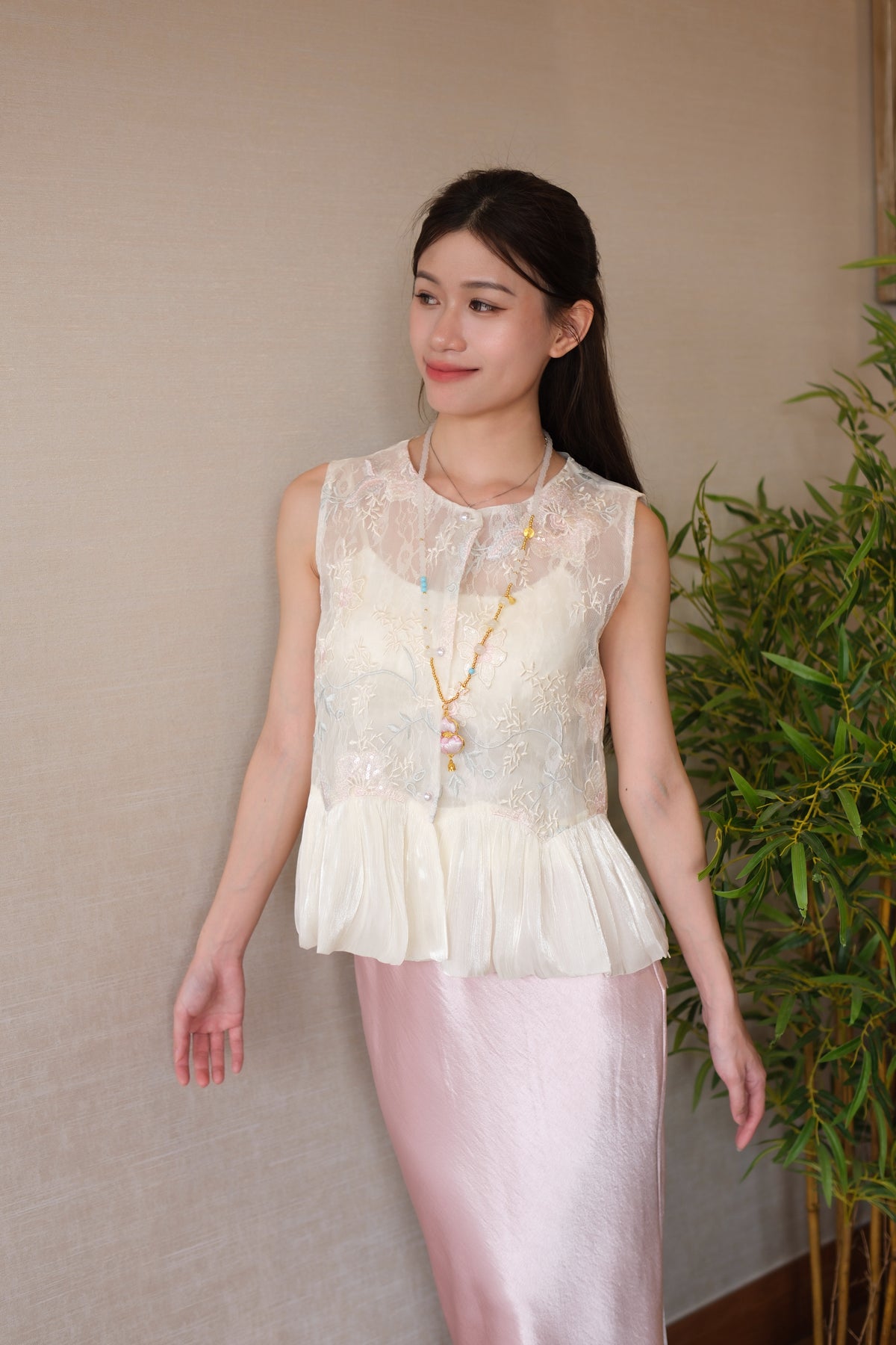 Floral Embroidered Peplum Lace Vest | Amina