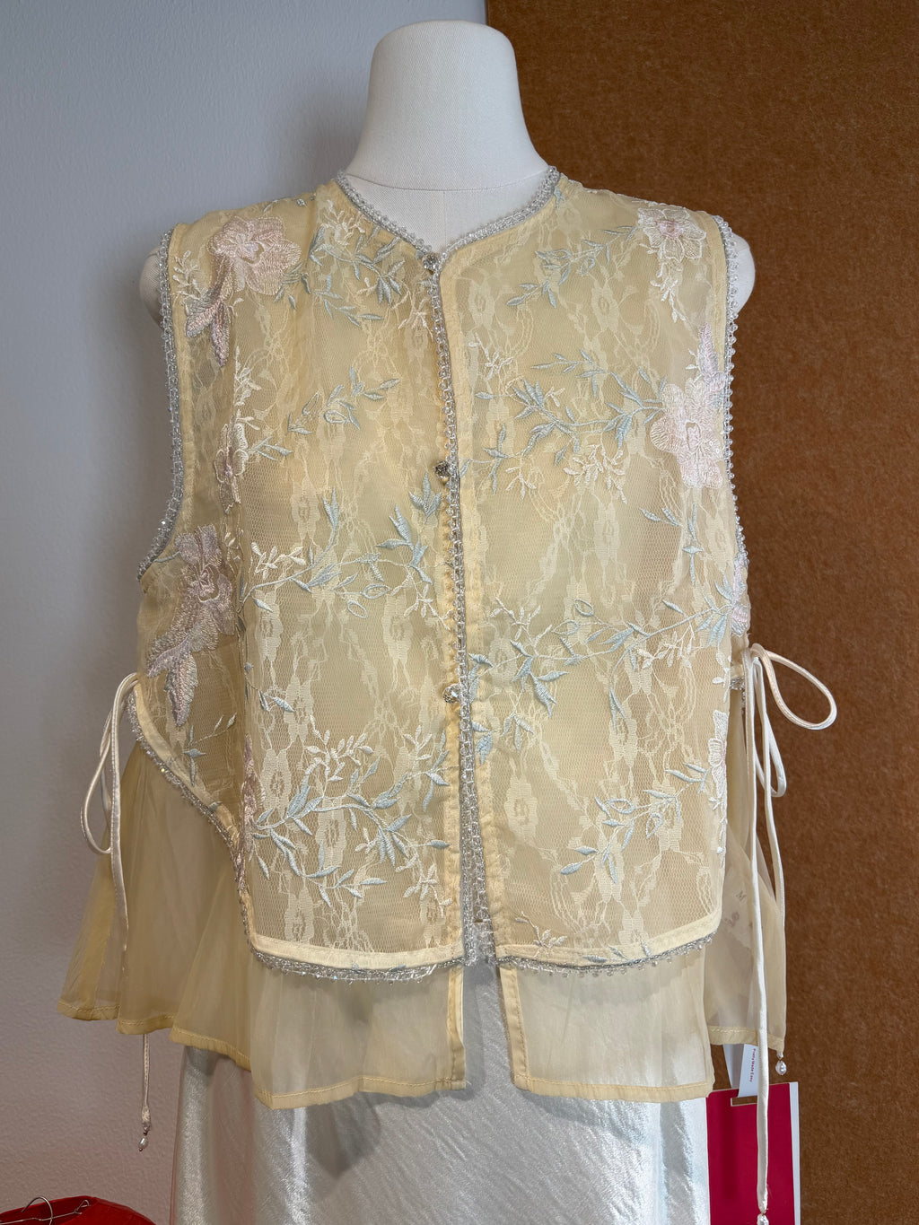 Beaded-Trim Floral Embroidery Sheer Vest | Adam