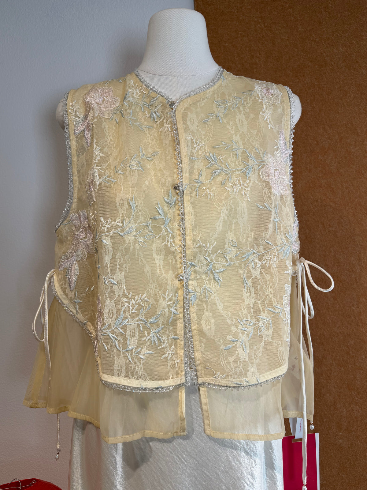 Beaded-Trim Floral Embroidery Sheer Vest | Adam
