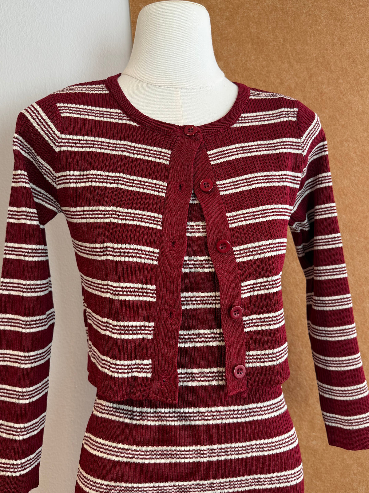 Burgundy Stripe Ribbed Knit Cardigan & Midi Skirt Set | Ulrikaa