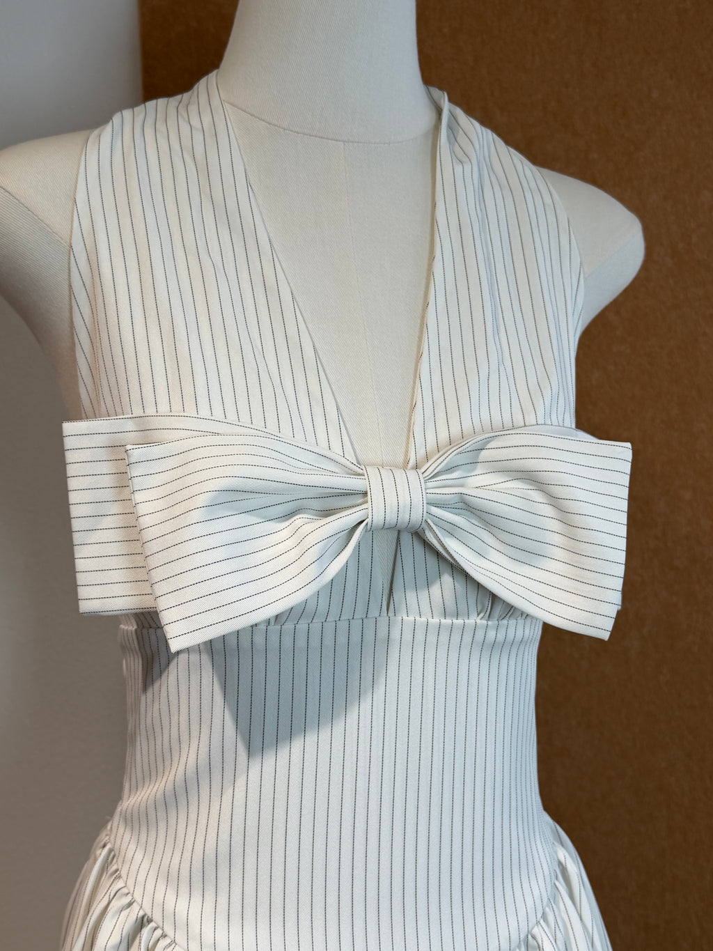 Pinstripe Bow-Bodice Halter Maxi Dress | Celia
