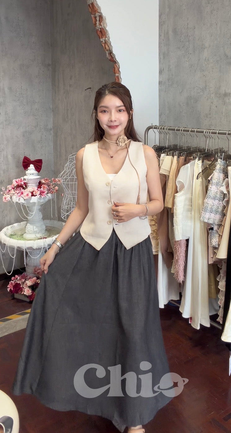 Tencel Denim Gathered A-Line Midi Skirt | Arabella