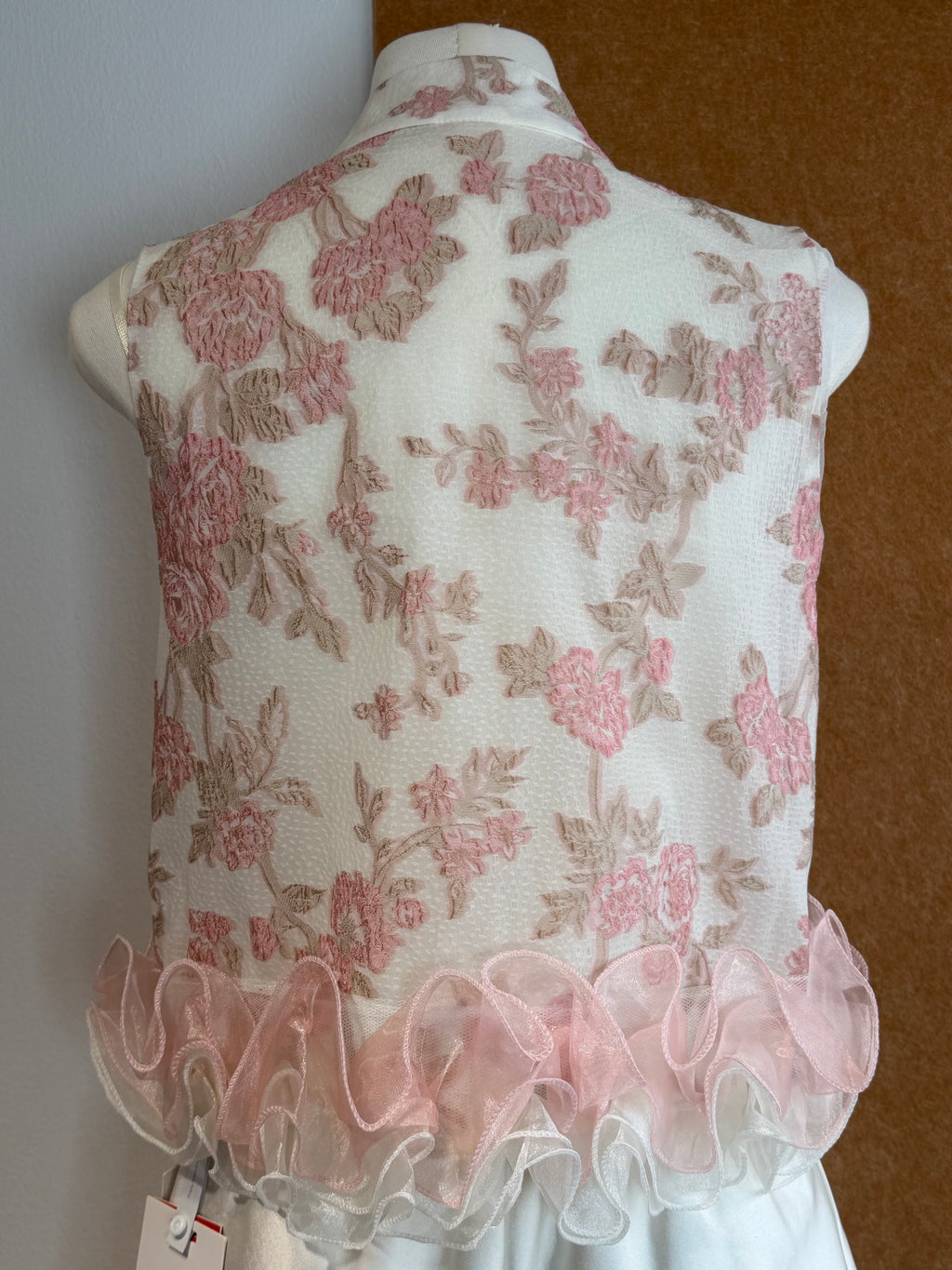 Rose Embroidered Organza Mandarin Collar Ruffle Peplum Top | Clara