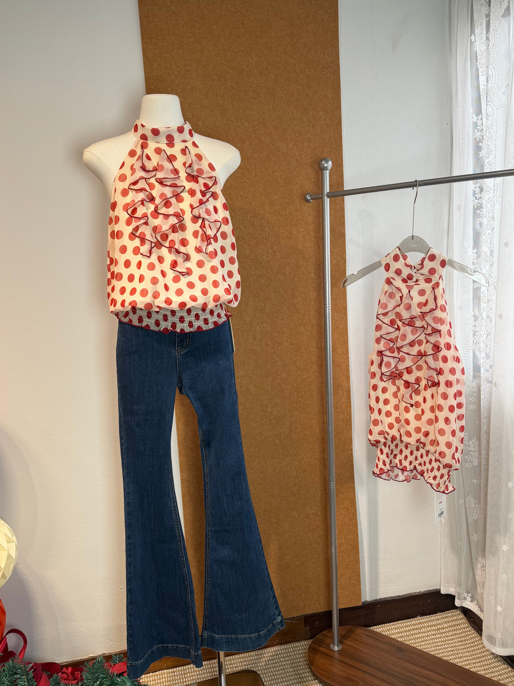 Polka Dot Ruffle-Front Halter Top | Petra