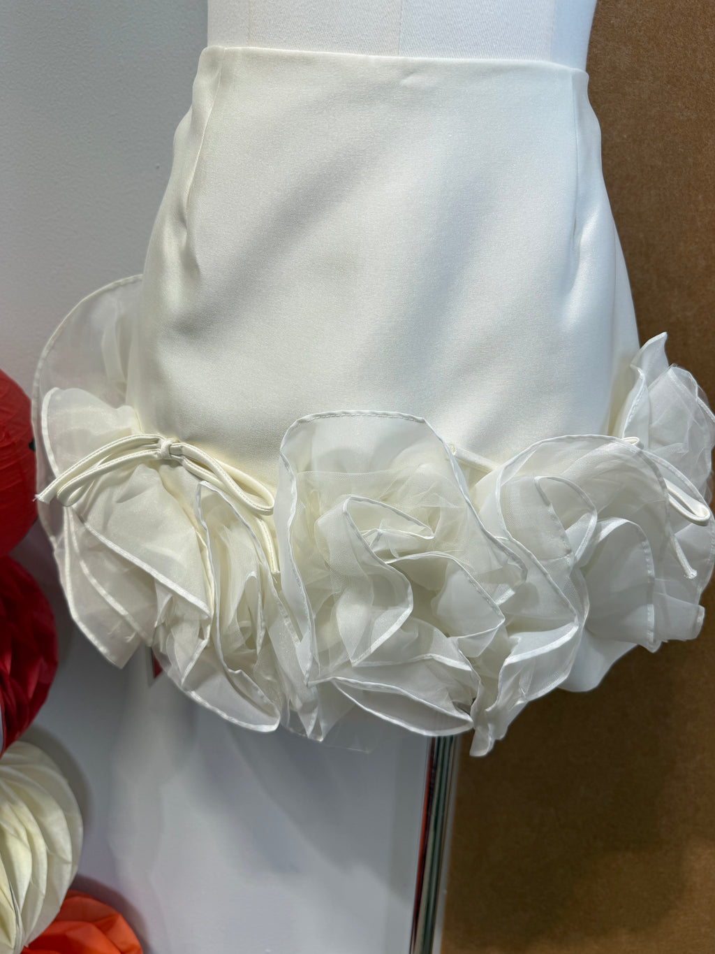 3D Organza Floral Rose Hem Satin Mini Skirt | Crystal