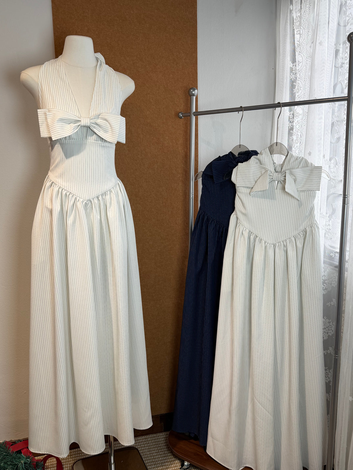Pinstripe Bow-Bodice Halter Maxi Dress | Celia