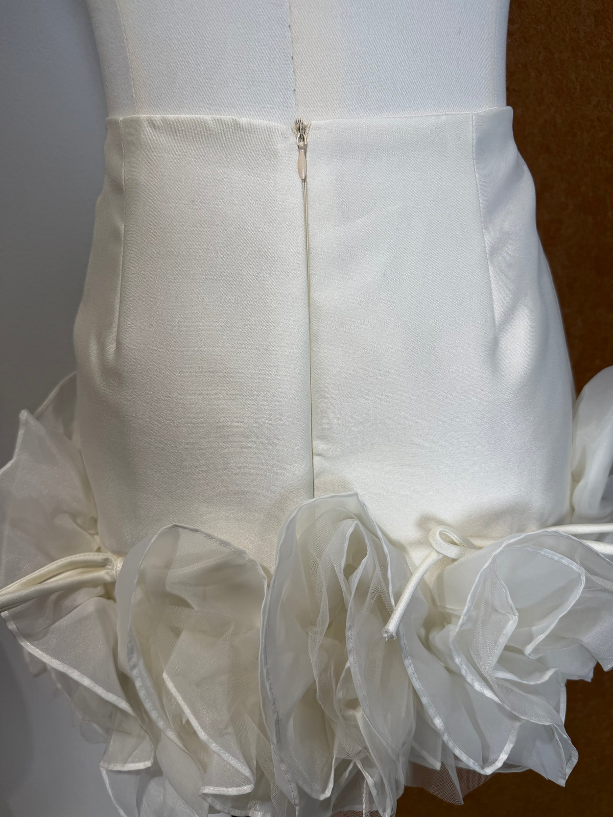 3D Organza Floral Rose Hem Satin Mini Skirt | Crystal