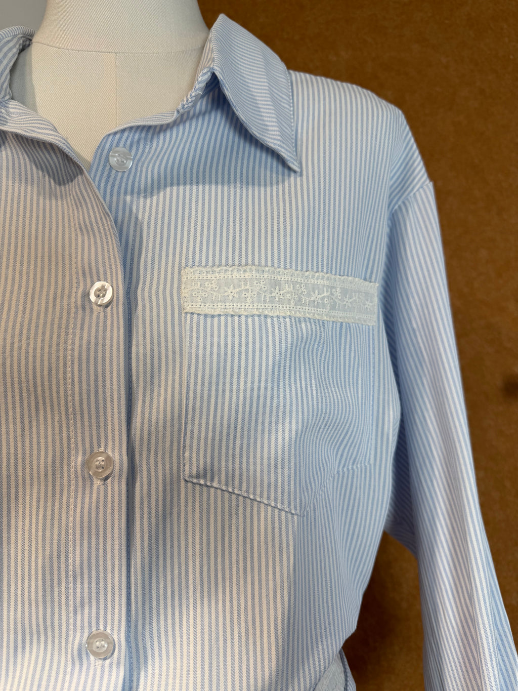 Blue Stripe Lace-Pocket Oversized Long-Sleeve Shirt | Kallie