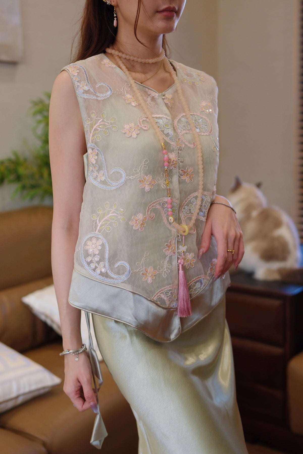 Paisley Sakura Embroidered Organza Vest | Anya