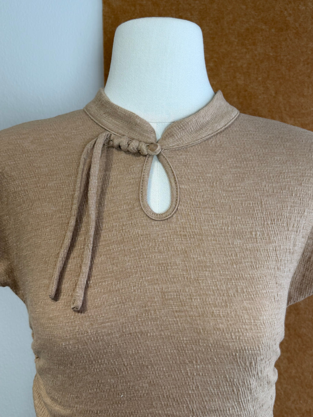 Mandarin Collar Keyhole Braided-Tie Ruched Knit Top | Amia