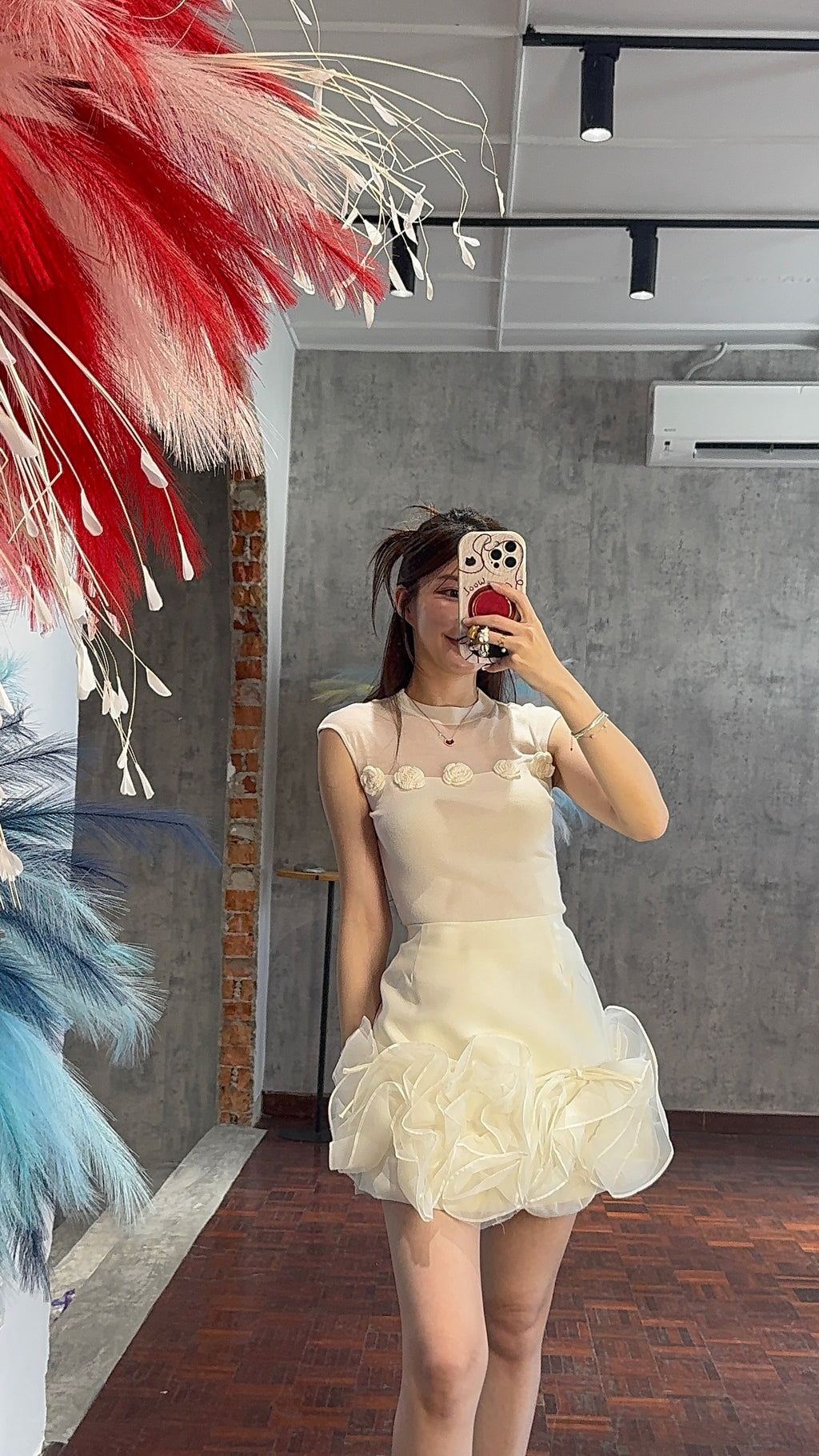 3D Organza Floral Rose Hem Satin Mini Skirt | Crystal