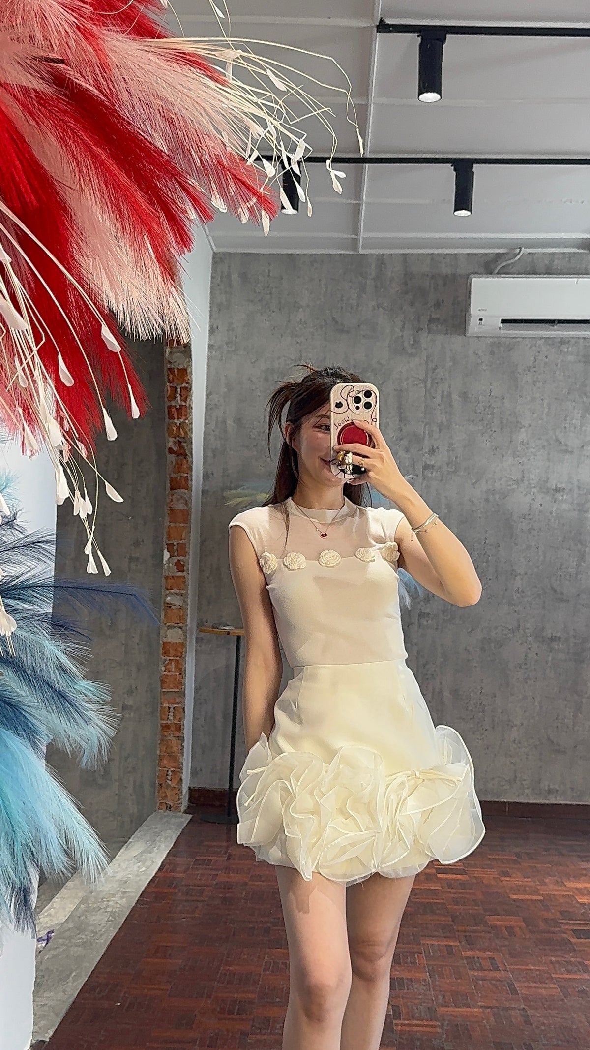 3D Organza Floral Rose Hem Satin Mini Skirt | Crystal