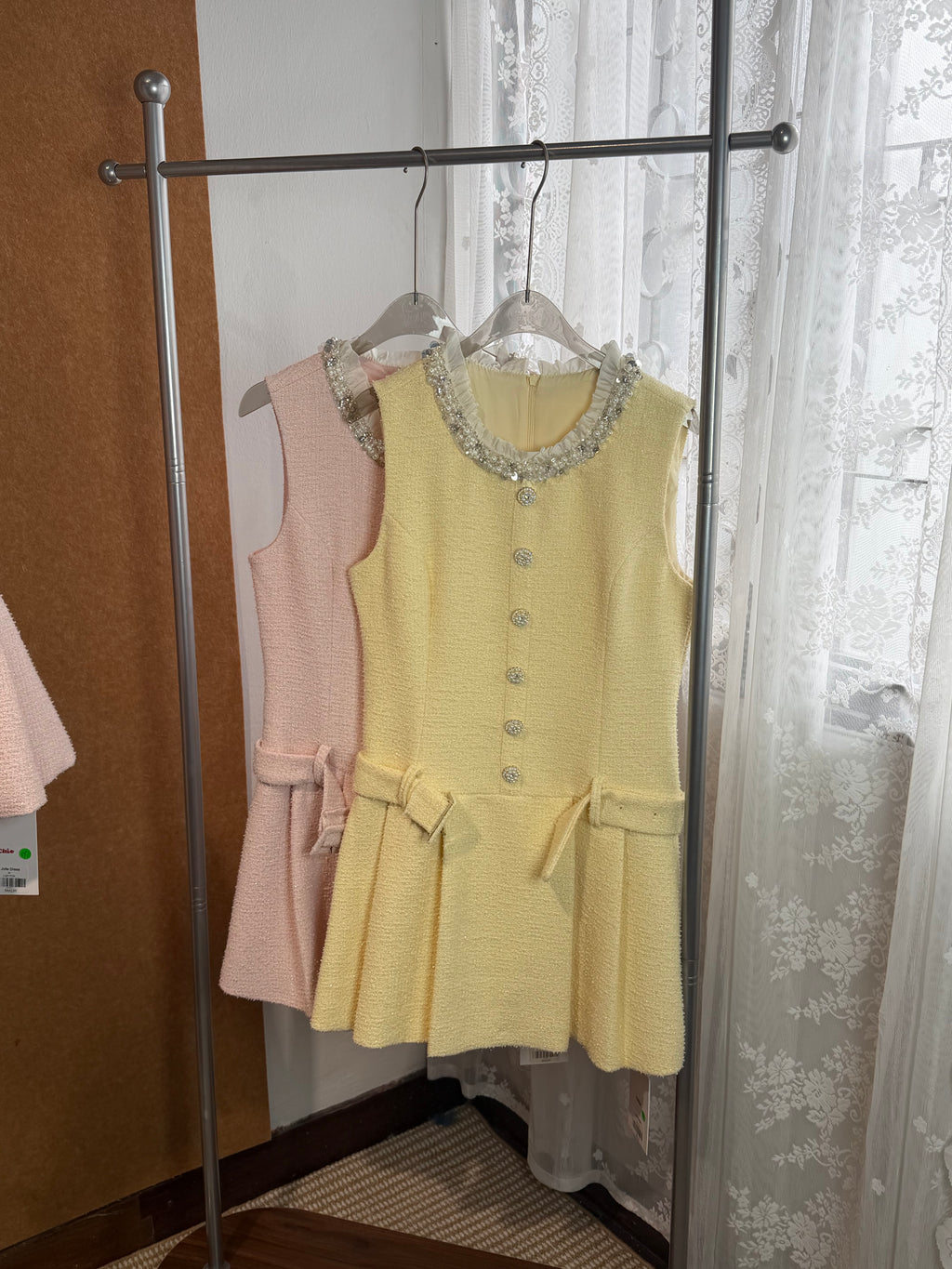 Sleeveless Shimmer Tweed Mini Dress with Pearl Rhinestone Neckline and Self-Belt | Josie