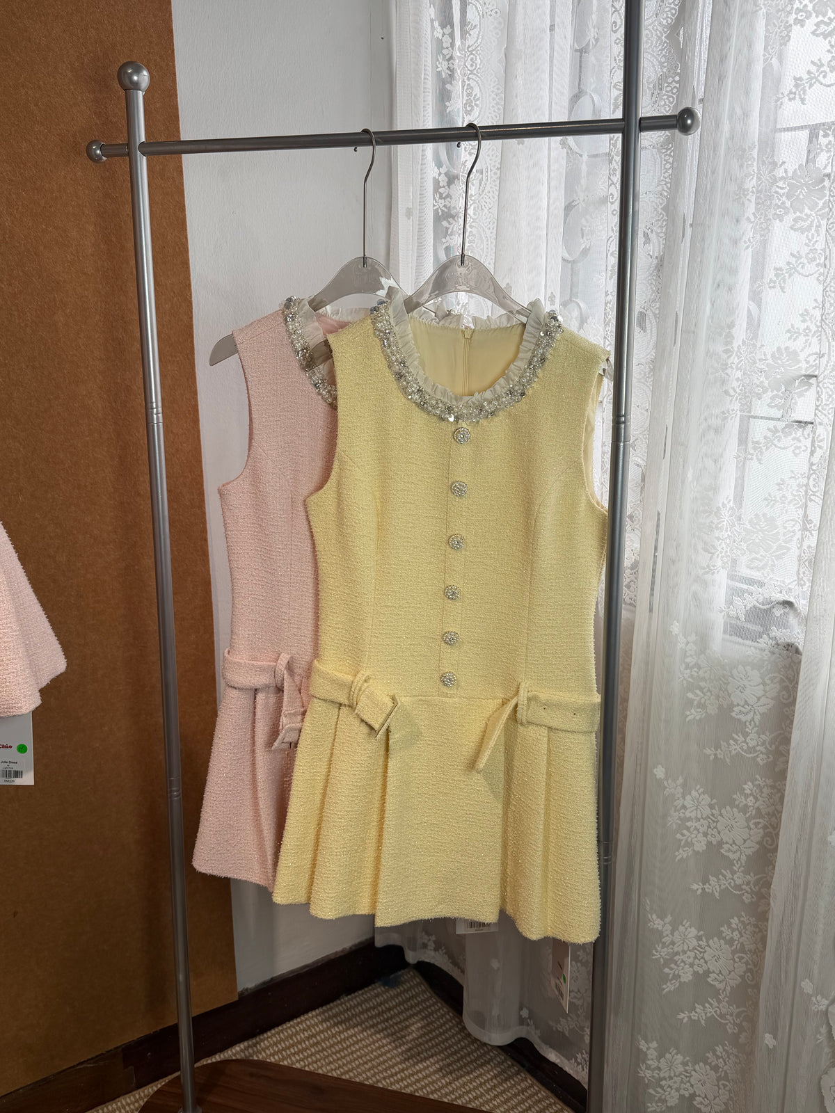 Sleeveless Shimmer Tweed Mini Dress with Pearl Rhinestone Neckline and Self-Belt | Josie