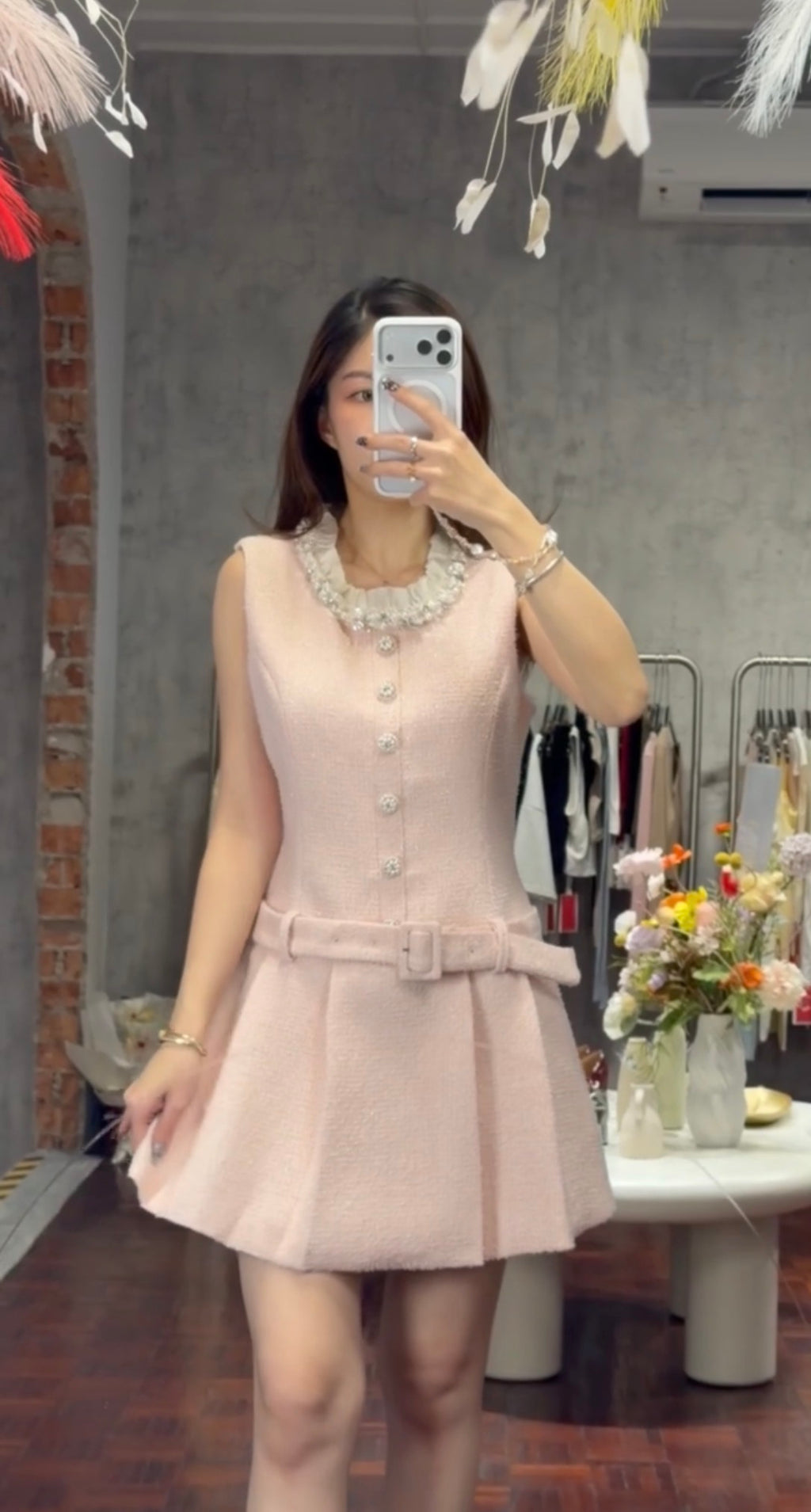 Sleeveless Shimmer Tweed Mini Dress with Pearl Rhinestone Neckline and Self-Belt | Josie