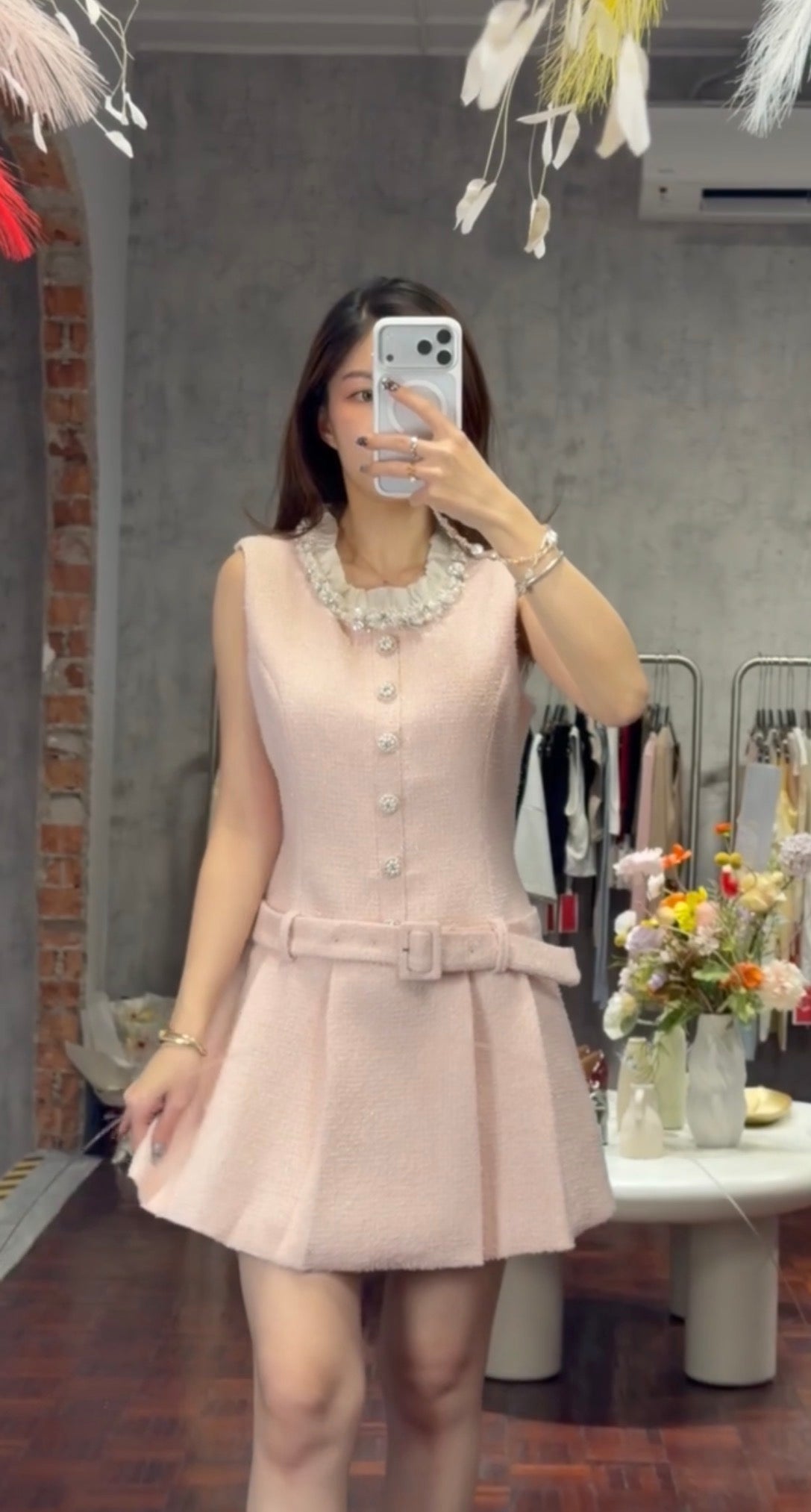 Sleeveless Shimmer Tweed Mini Dress with Pearl Rhinestone Neckline and Self-Belt | Josie