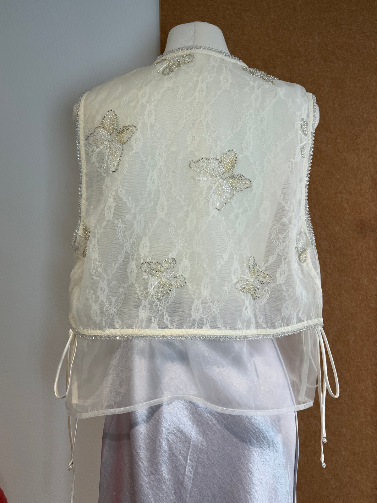 Pearl & Silver Butterfly Bead Embroidered Lace Organza Vest | Cora