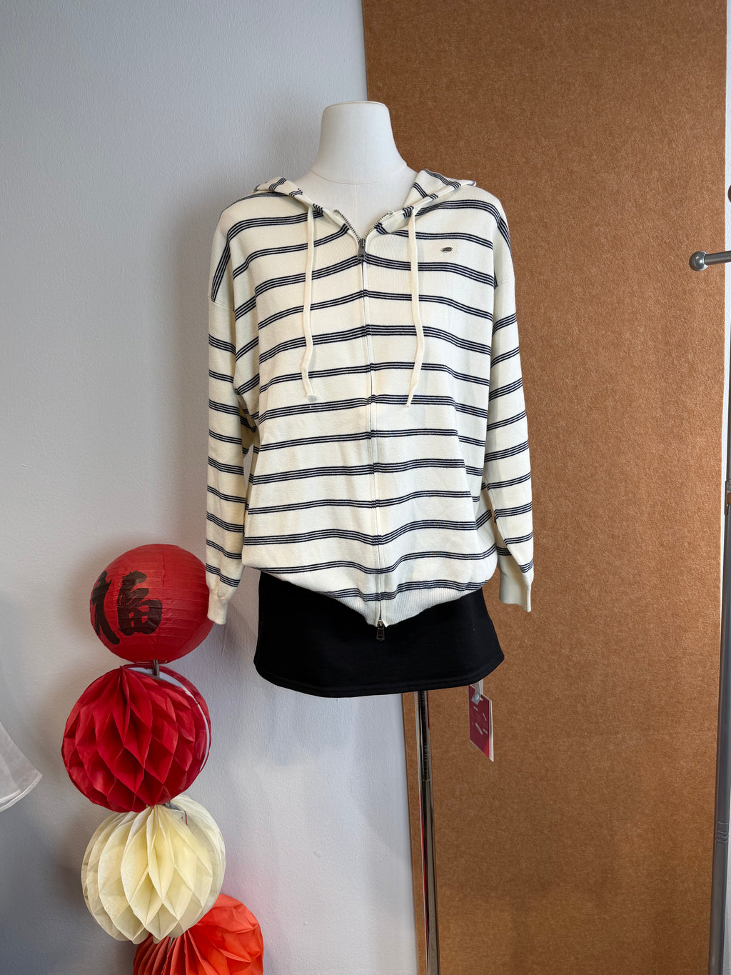 Oversized Cropped Stripe Knit Zip Hoodie with Drawstring Hood | Rita