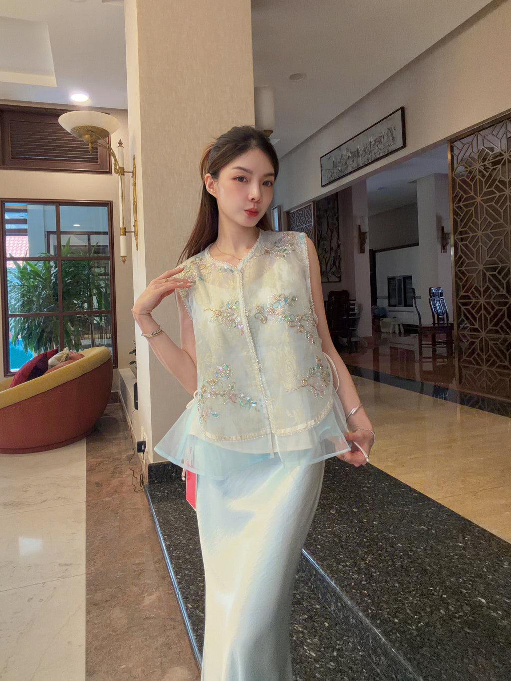Butterfly Sequin Bead Embroidered Metallic Jacquard Organza Vest | Axel