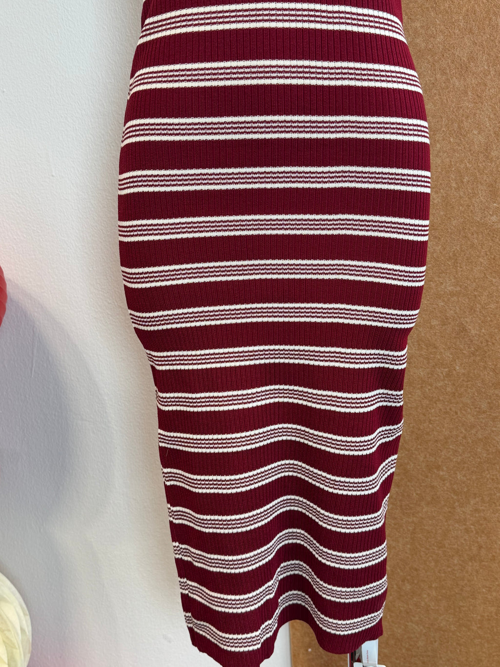 Burgundy Stripe Ribbed Knit Cardigan & Midi Skirt Set | Ulrikaa