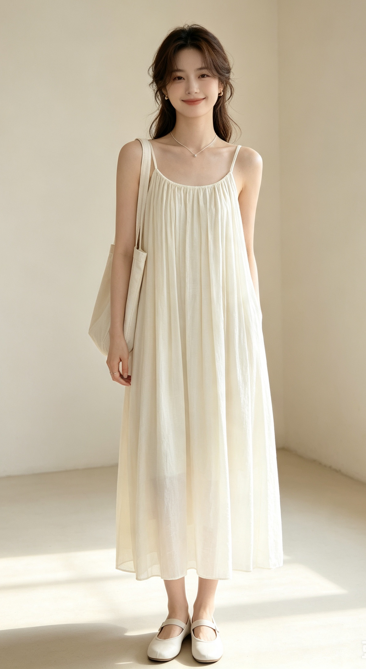 Gathered Trapeze Slip Maxi Dress with Neck Tie | Cherry