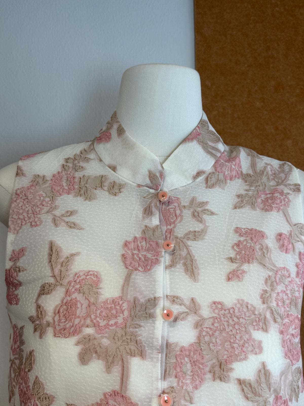 Rose Embroidered Organza Mandarin Collar Ruffle Peplum Top | Clara