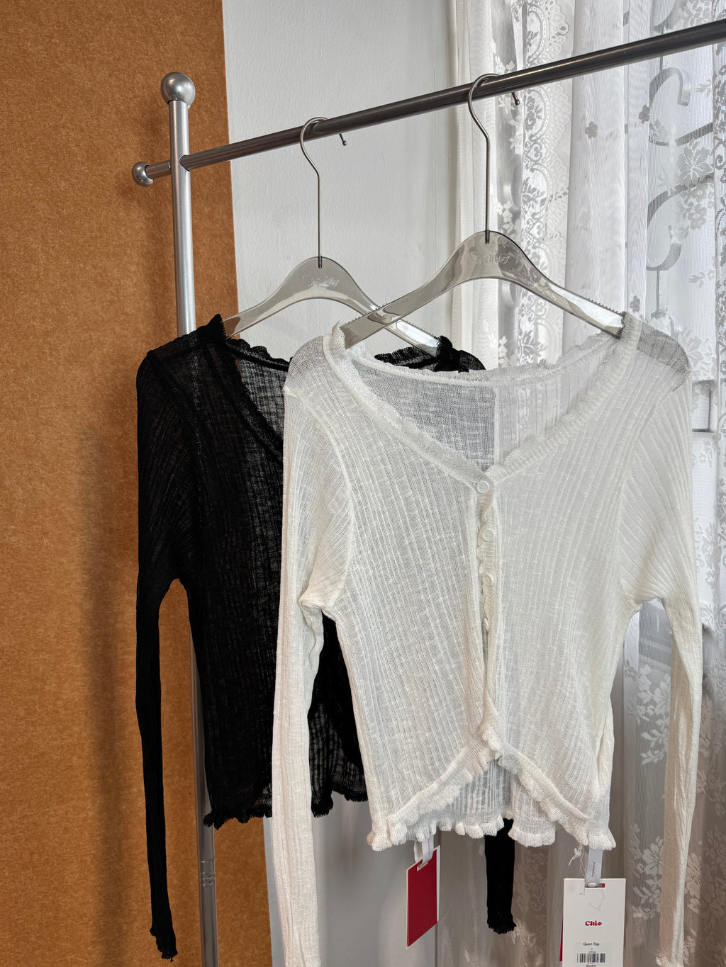 Pointelle Frill-Trim Knit Cardigan | Quon