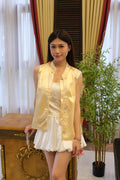 Sleeveless Qipao-Inspired Satin Top with Embroidered Florals, Frog Buttons and Pearl-Beaded Trim | Zia