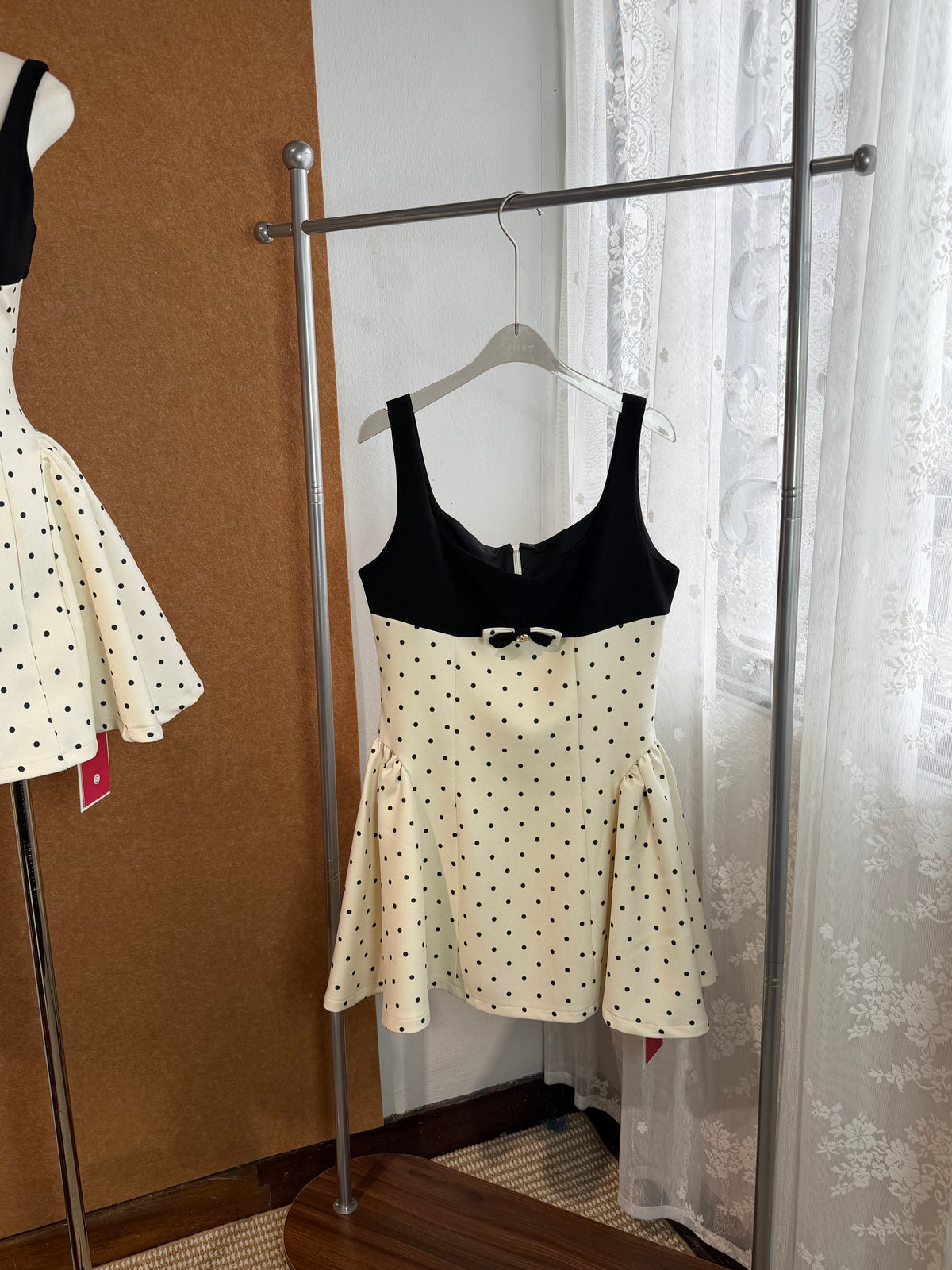Polka Dot Contrast Bodice Bow-Waist A-Line Mini Dress | Javra