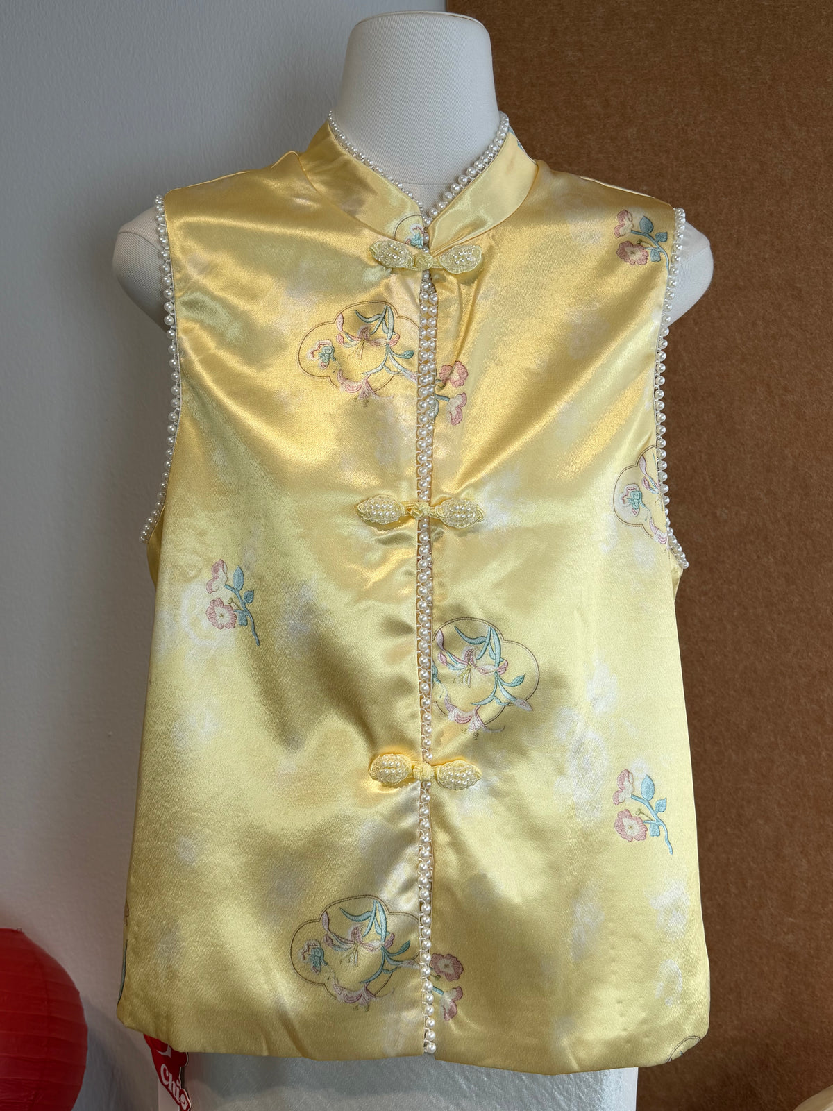 Sleeveless Qipao-Inspired Satin Top with Embroidered Florals, Frog Buttons and Pearl-Beaded Trim | Zia