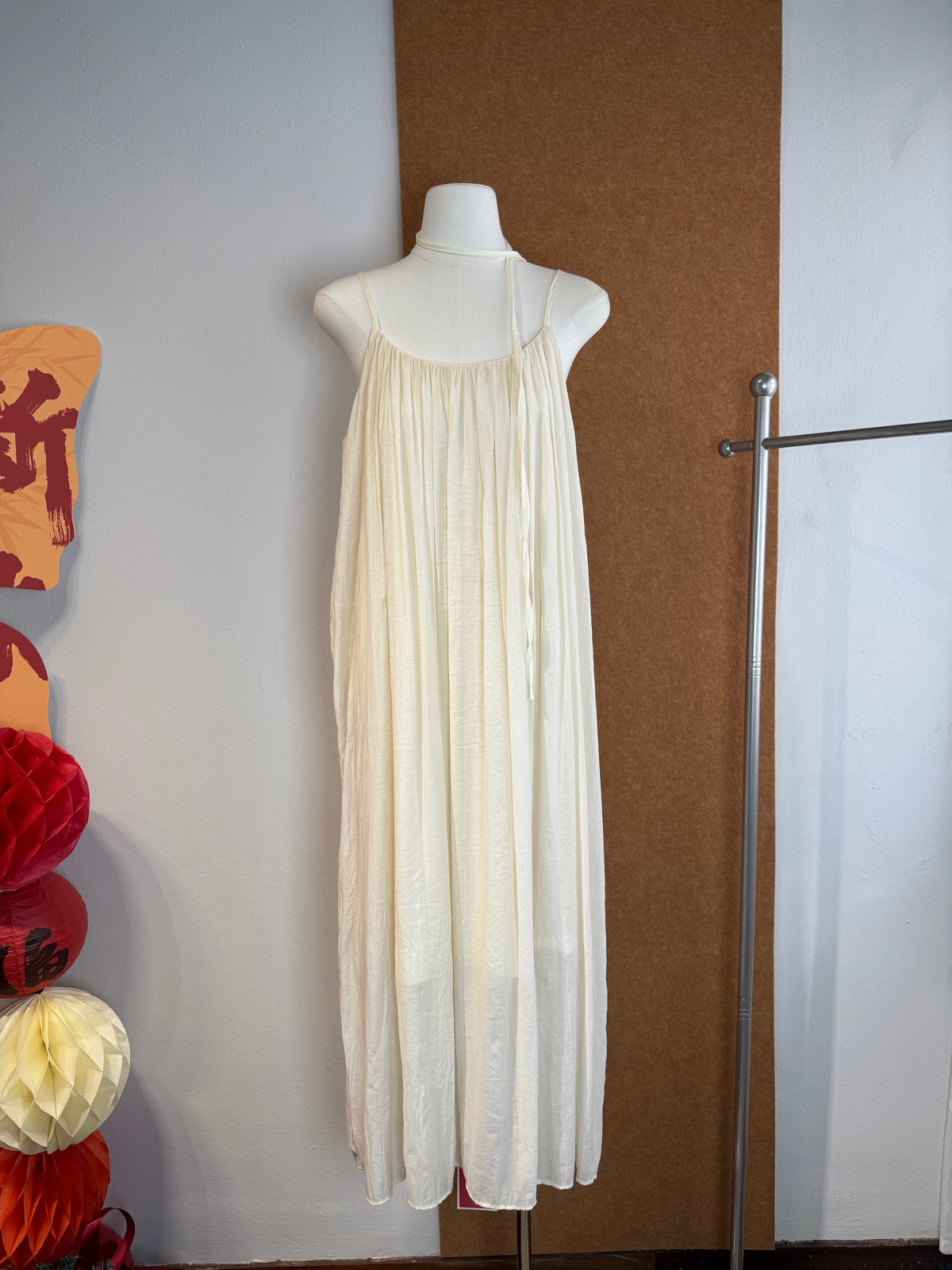 Gathered Trapeze Slip Maxi Dress with Neck Tie | Cherry