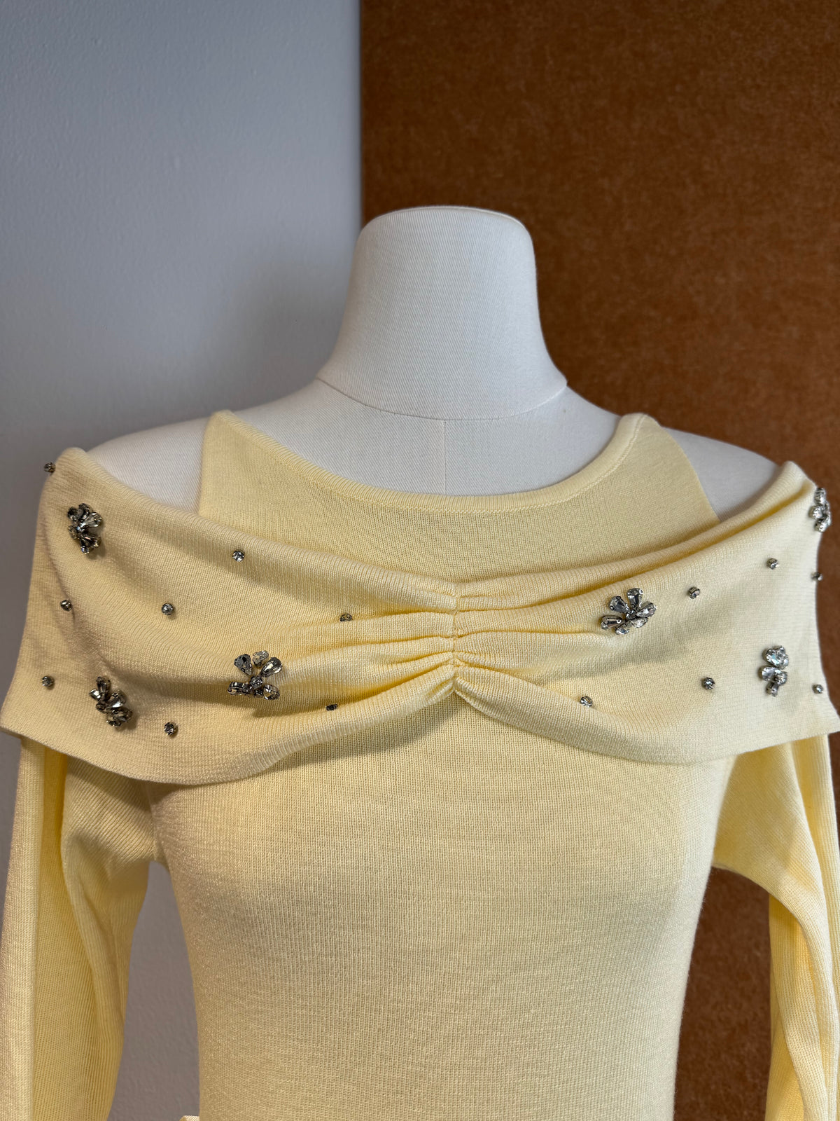 Crystal-Embellished Off-Shoulder Draped-Collar Ribbed Knit Top | Nola