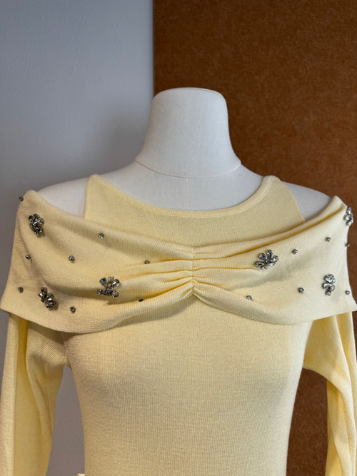 Crystal-Embellished Off-Shoulder Draped-Collar Ribbed Knit Top | Nola