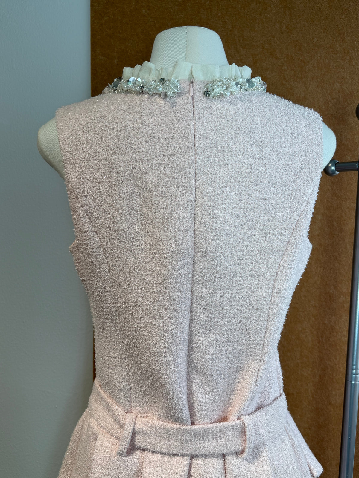 Sleeveless Shimmer Tweed Mini Dress with Pearl Rhinestone Neckline and Self-Belt | Josie