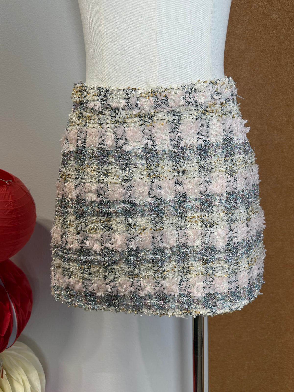Little Fragrance Shimmer Plaid Boucle Tweed Mini Skirt | Ruby