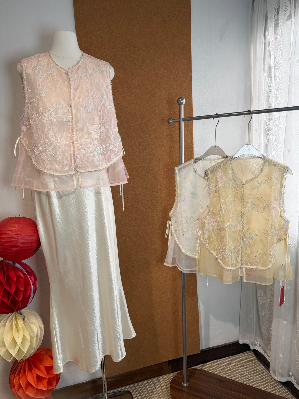 Beaded-Trim Floral Embroidery Sheer Vest | Adam