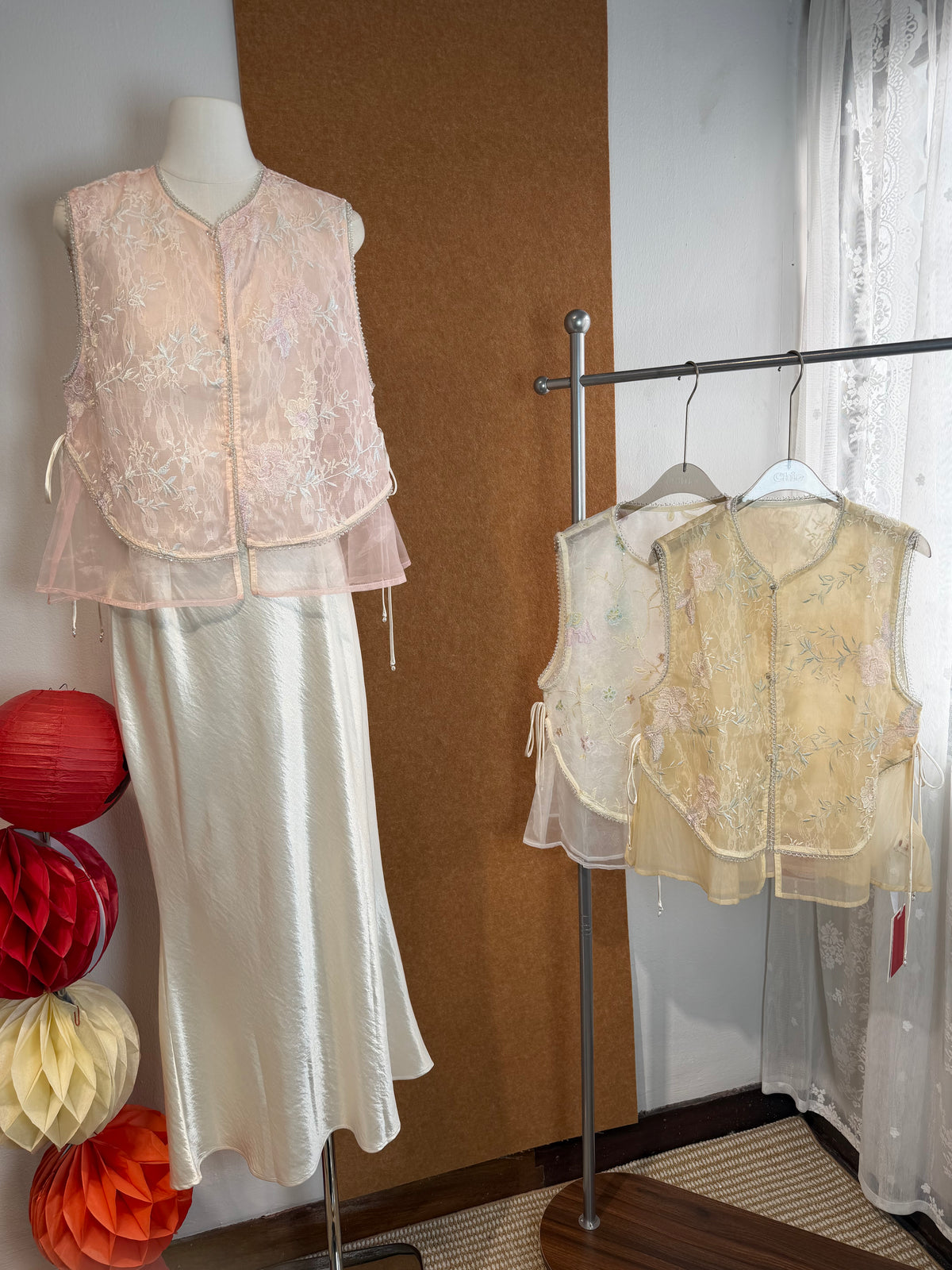 Beaded-Trim Floral Embroidery Sheer Vest | Adam